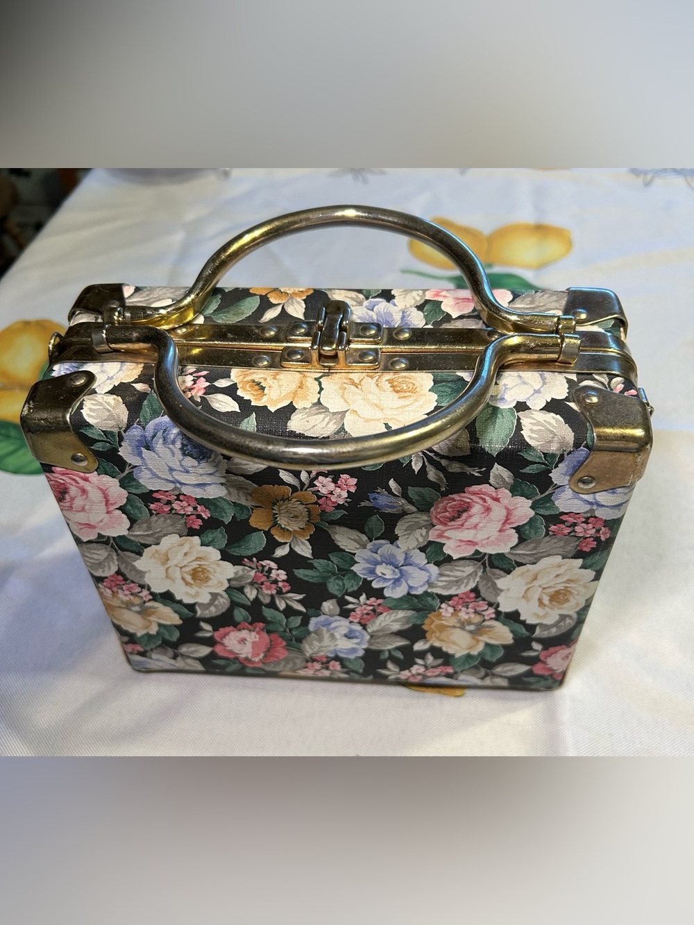 Vintage Floral Box Purse with A Brass Top Handle. Used.
